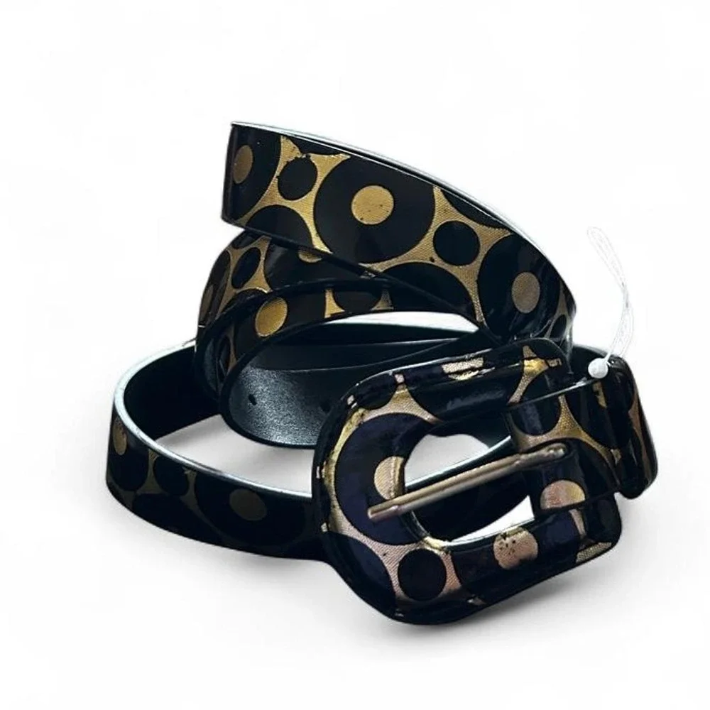 Skinny Belt Black Gold Circle Print Statement Buckle Groovy Retro Y2K Mod 49inch